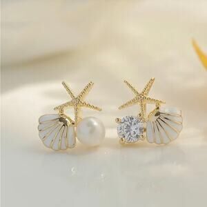 Starfish Shell Alloy Enamel Inlay Artificial Pearl Rhinestones Women's Ear Studs